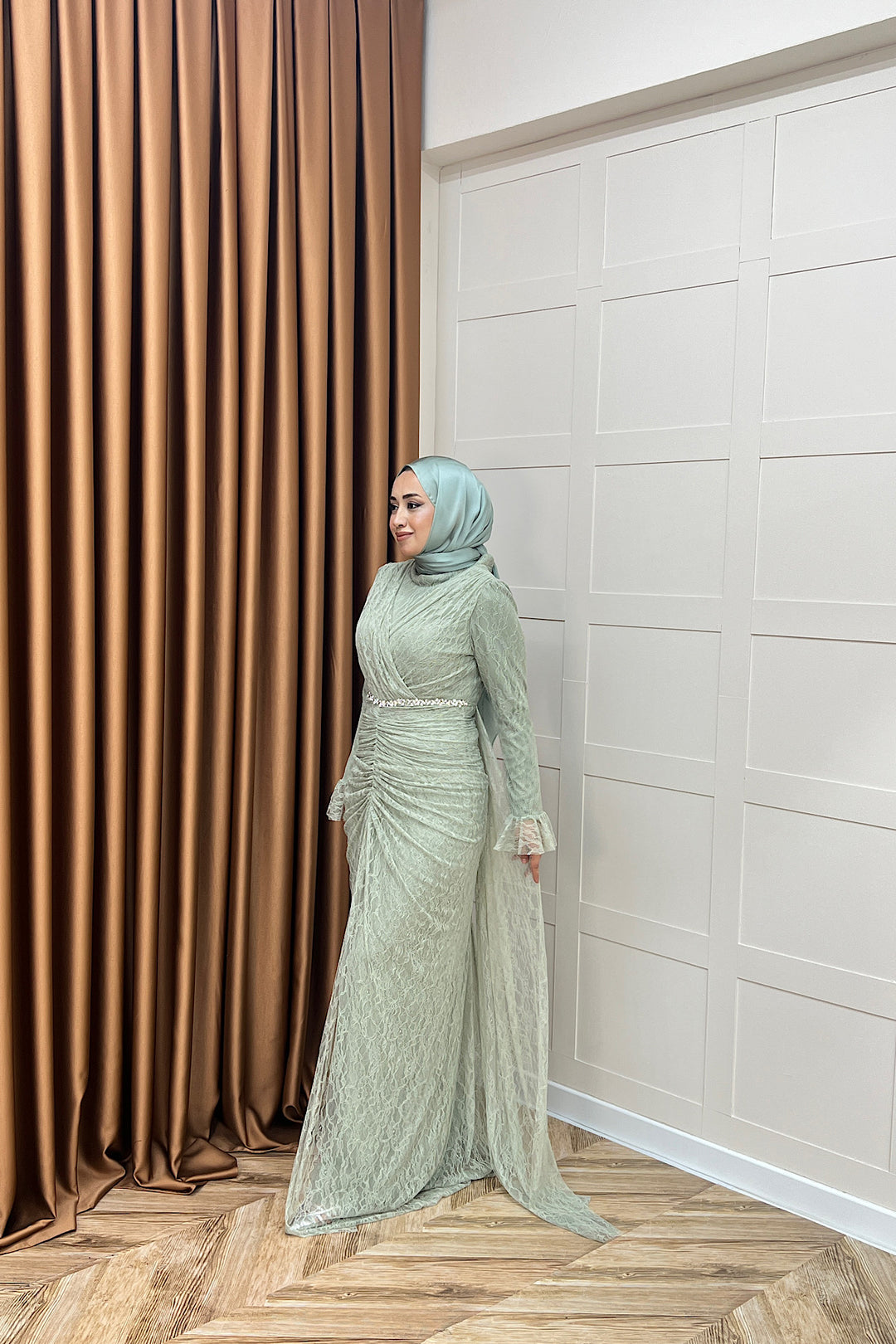 Sofia Taş Detay Dantel Abiye Mint 3108-MINT