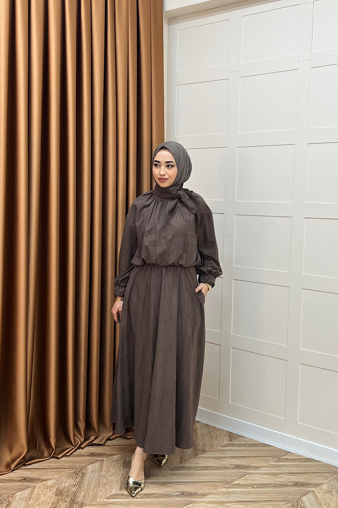 Luna Yaka Fularlı Etek Takım Kahverengi 3183-KAHVERENGI