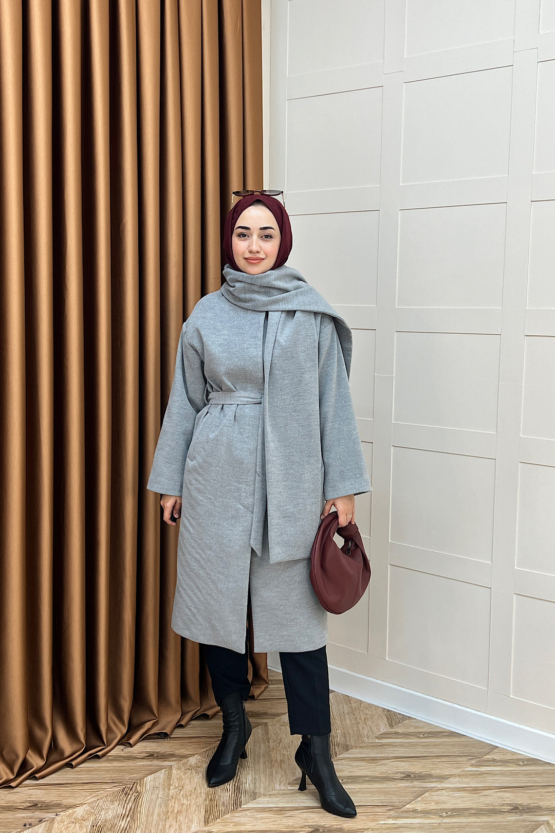 Siena Atkı Detay Kaşe Kaban Gri 5530-GRI