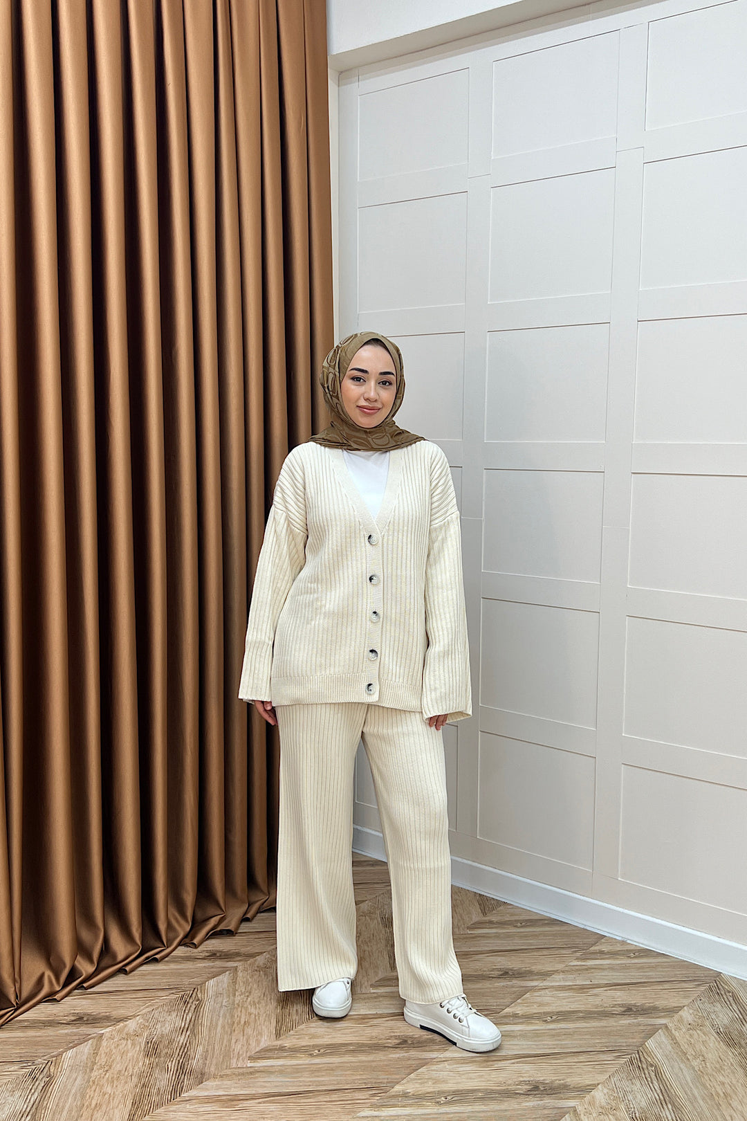 Galata Fitilli Triko Hırka Takım Krem 25630-KREM