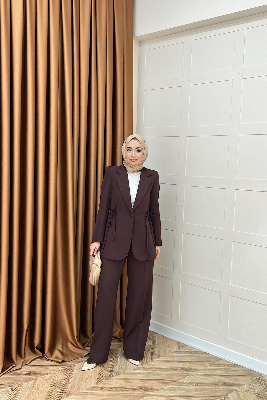 Zeina Bel Detay Ceketli Takım Kahverengi 06202-KAHVERENGI
