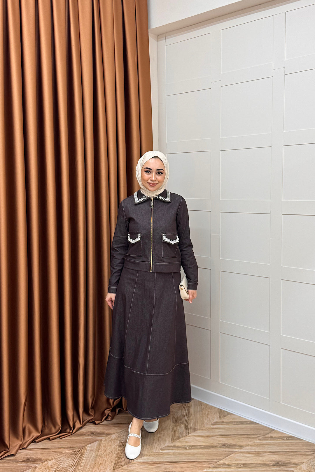 Klara İnci Detay Kot Takım Kahverengi 3095-KAHVERENGI