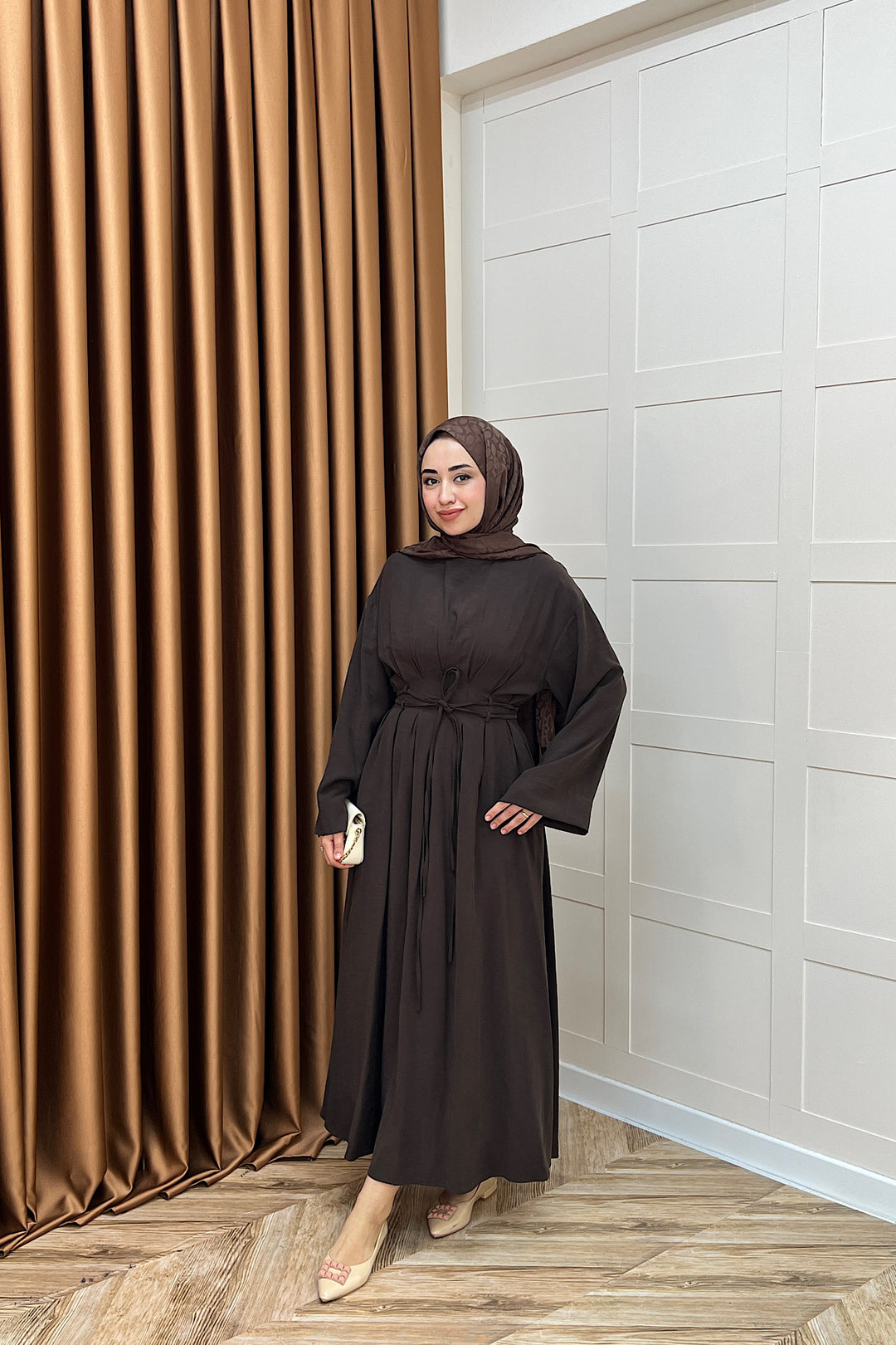 Belden Bağlamalı Cupra Elbise Kahverengi 5013-KAHVERENGI