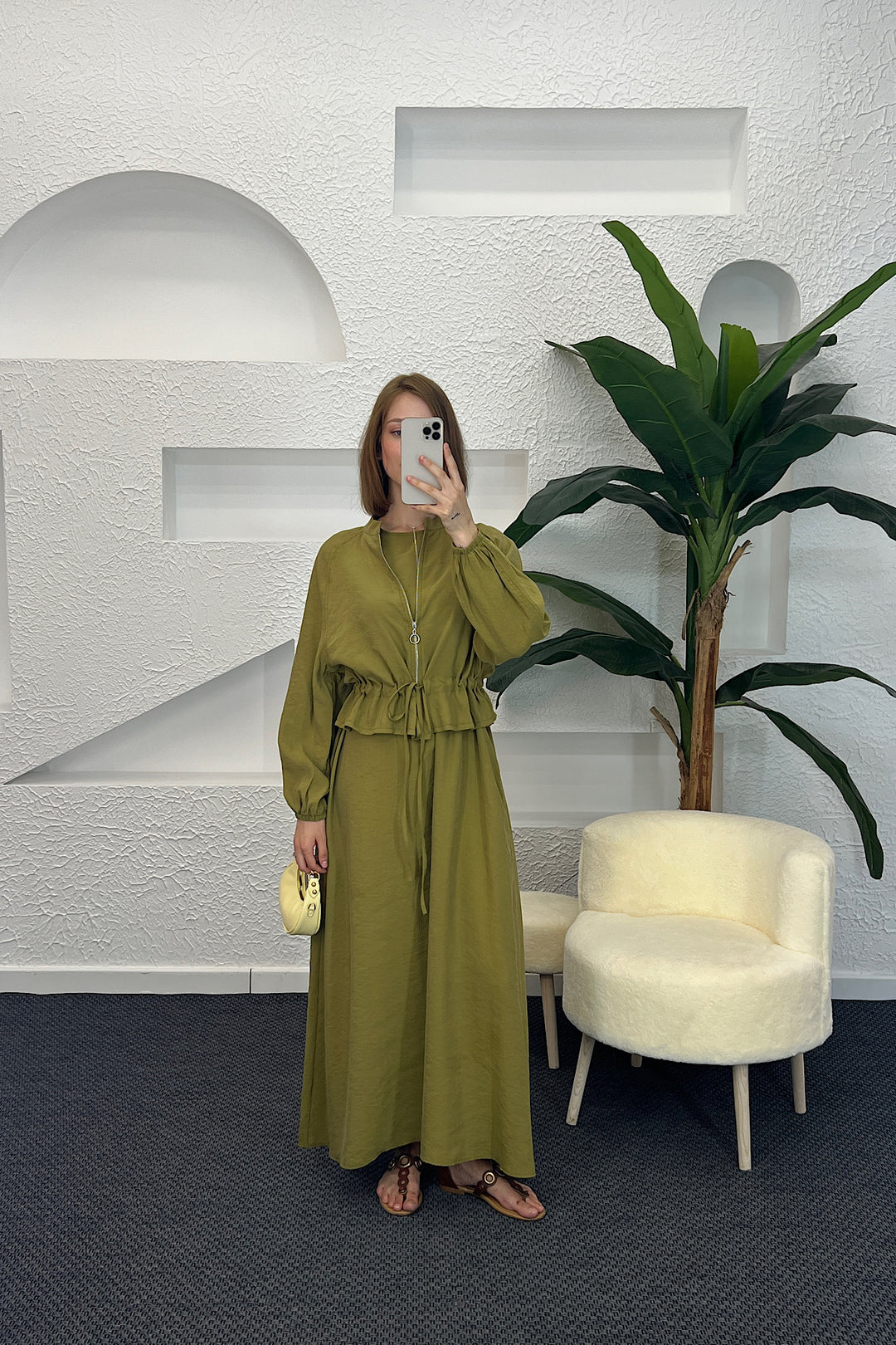 Belden Büzgülü Fermuar Detay Elbise Yağ Yeşili 2889-YAGYESILI