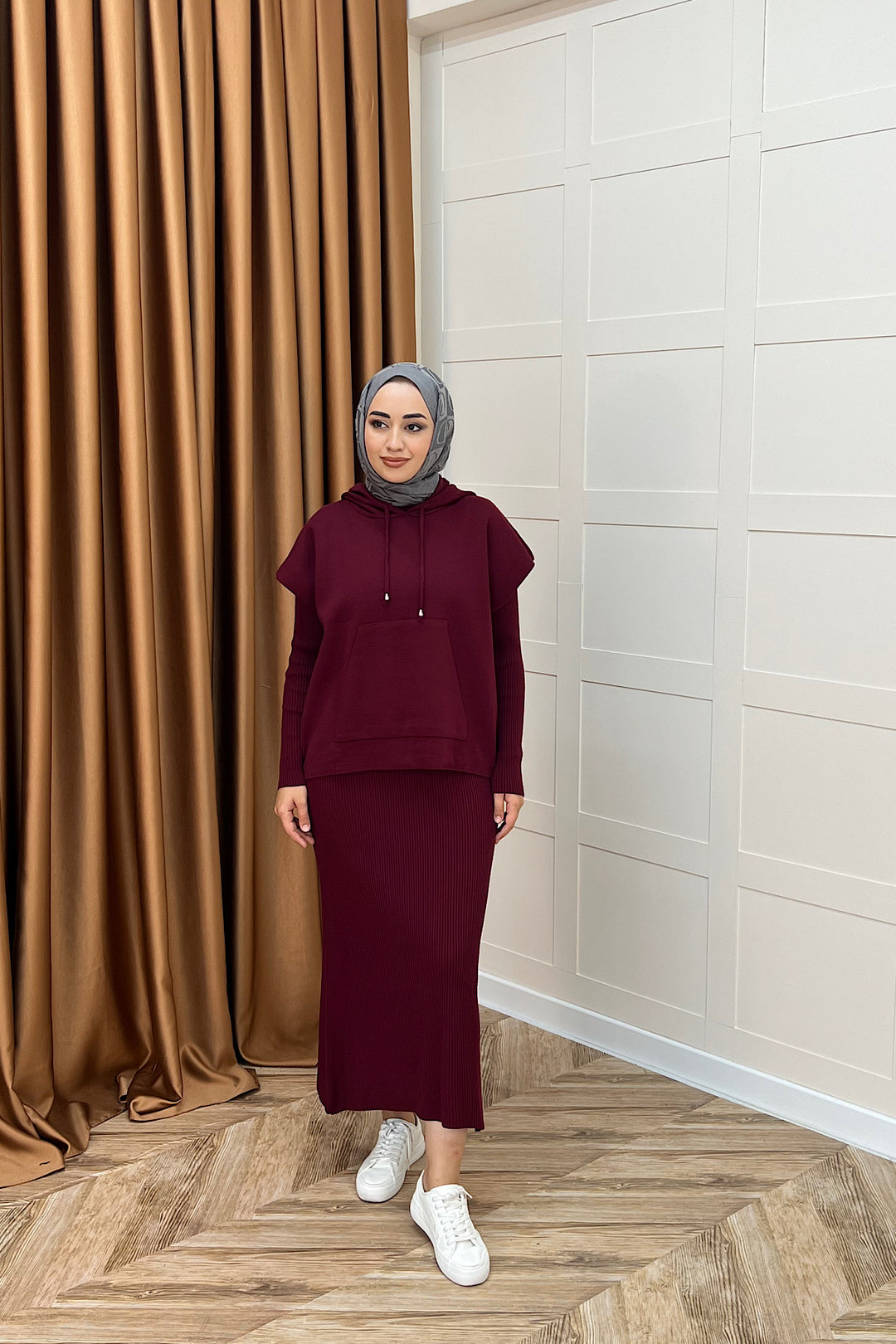 Üst Kapüşonlu İkili Triko Elbise Bordo 25290-BORDO