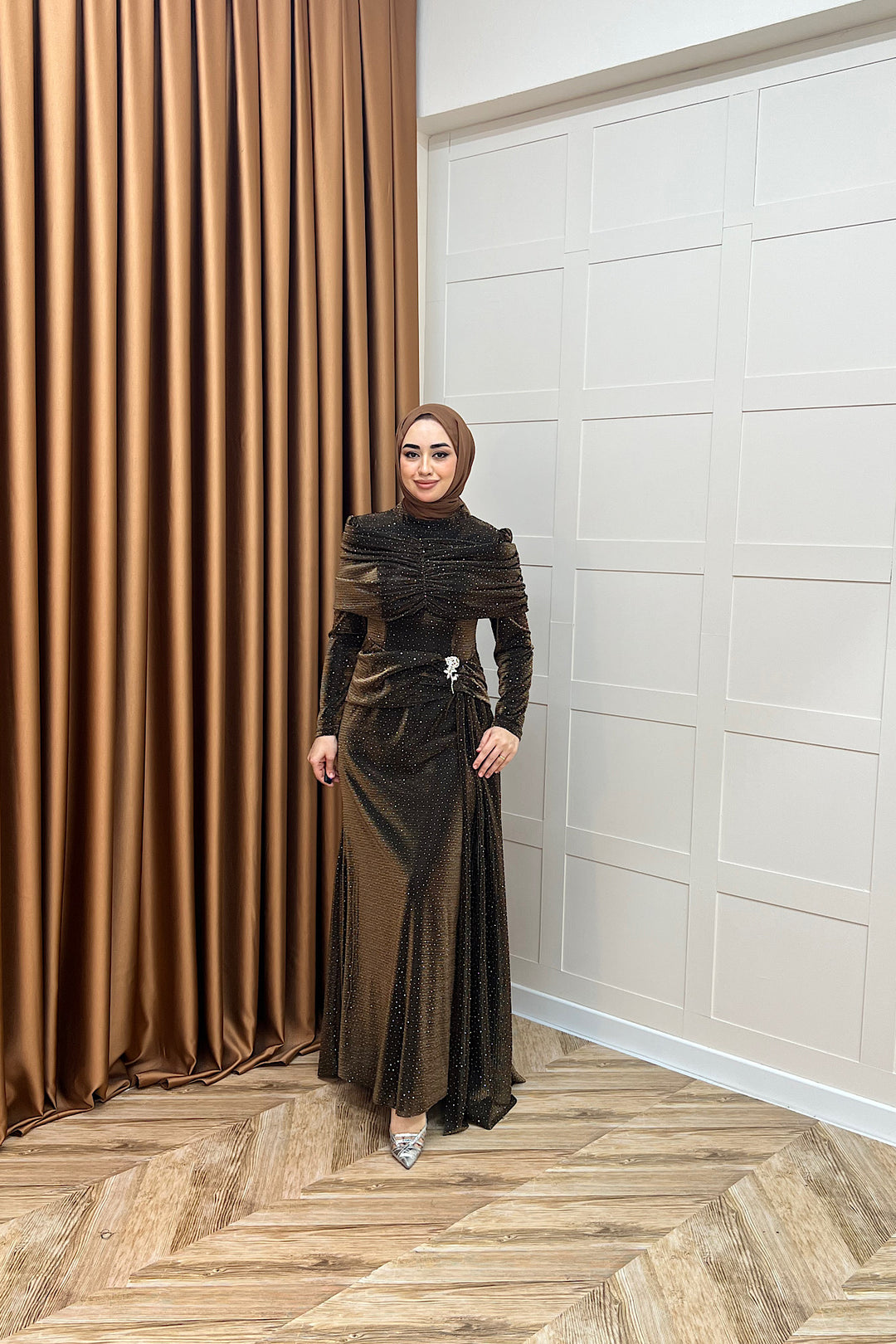 Helena Çiçek Taşlı Abiye Kahverengi 3097-KAHVERENGI
