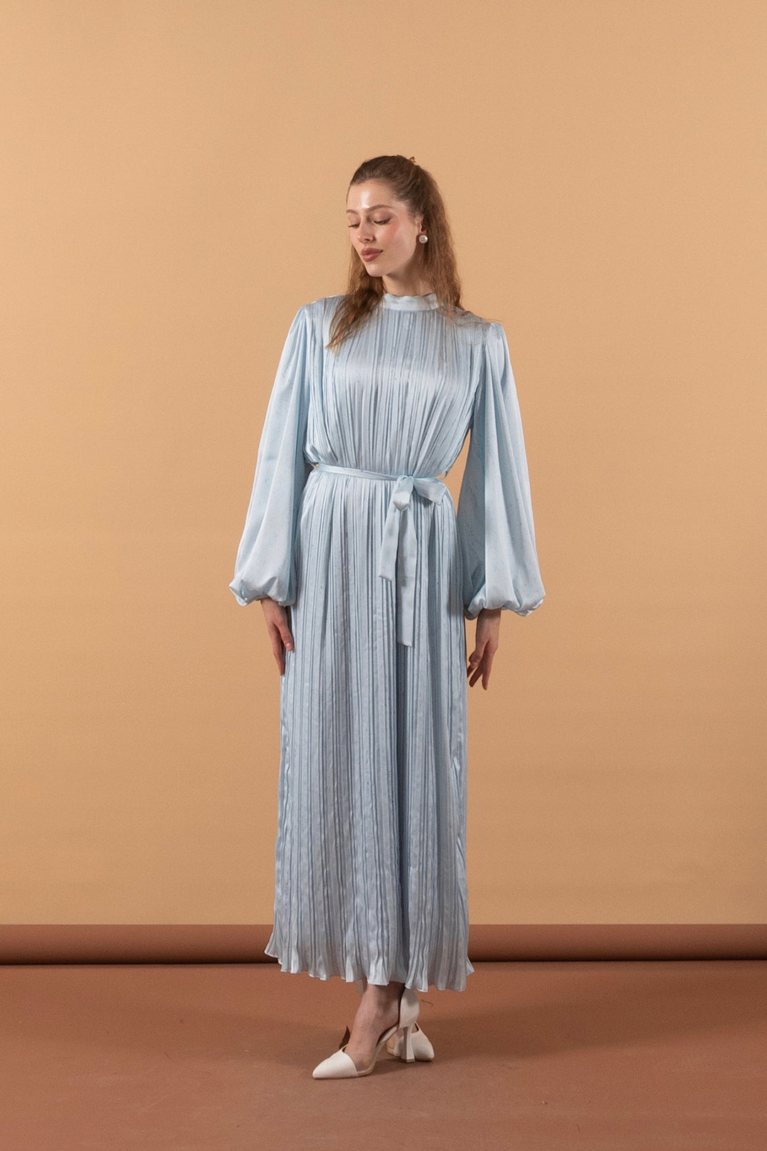 Pileli Saten Elbise Mavi 3003-MAVI