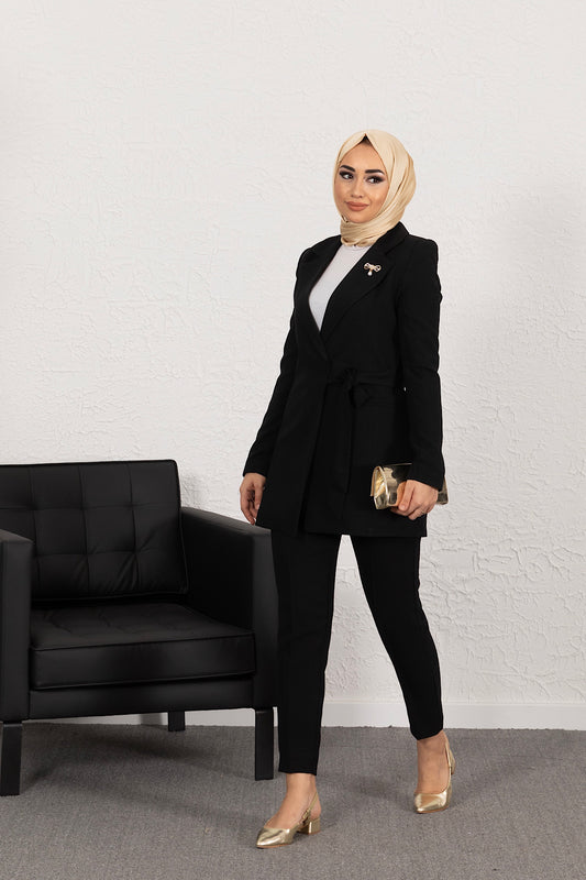 Ceketi Yandan Bağlamalı Pantolon Takım Siyah 2016-SIYAH