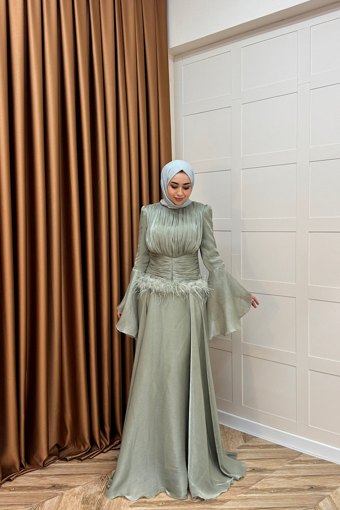 Nova Bel Drapeli Abiye Yeşil 3089-YESIL