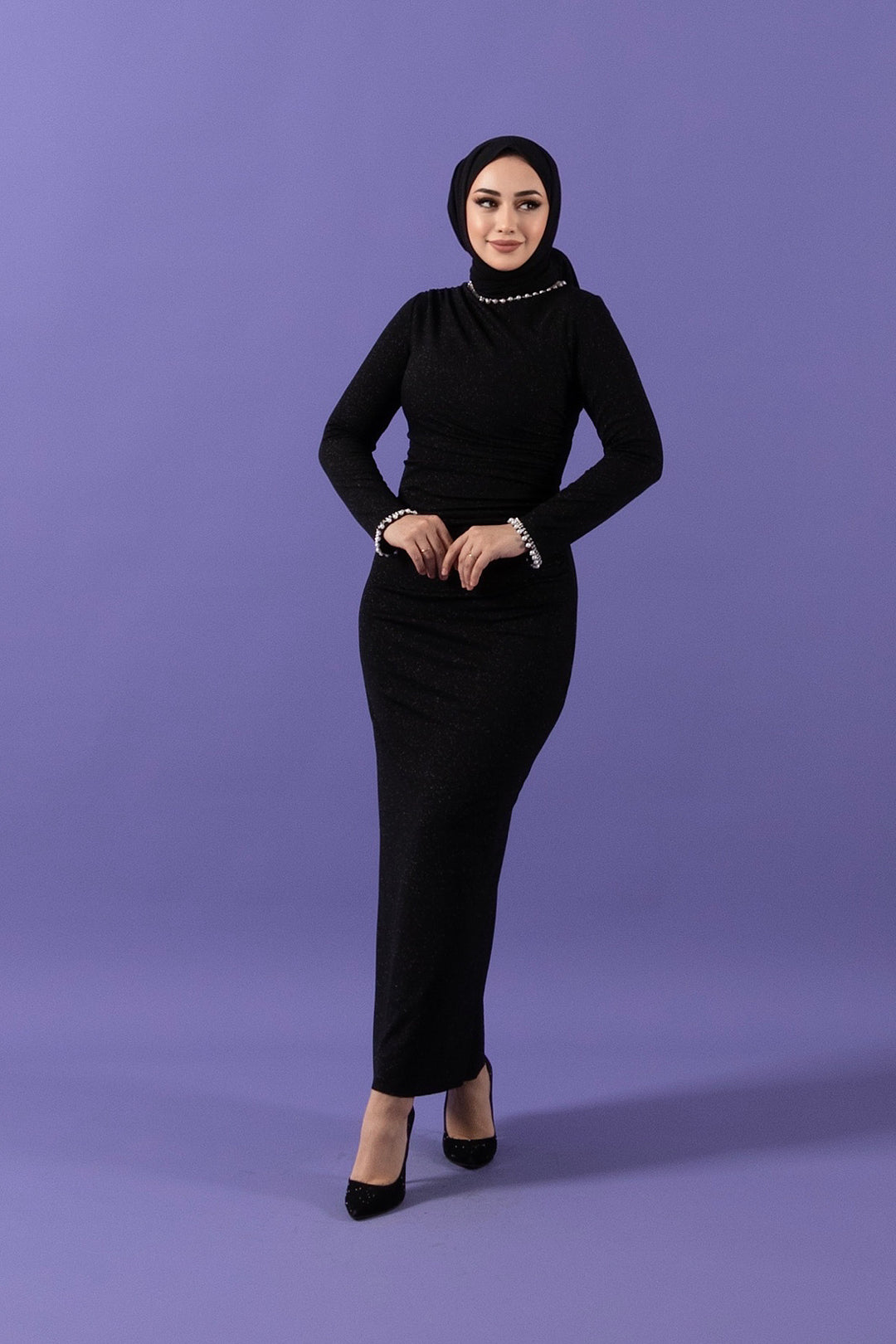 Yaka İnci Detay Simli Balık Abiye Siyah 3014-SIYAH