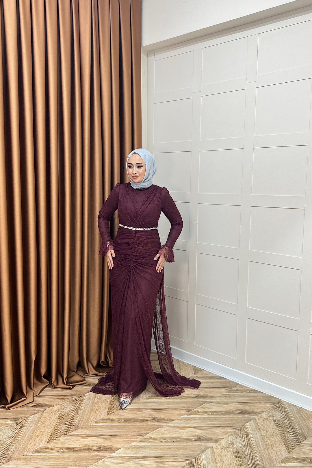 Sofia Taş Detay Dantel Abiye Bordo 3108-BORDO