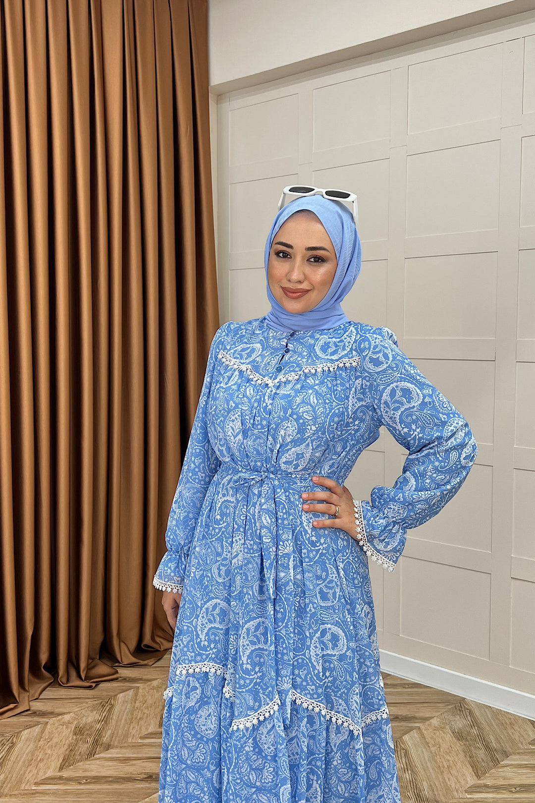 Lisa Dantel Detay Elbise Mavi 3051-MAVI