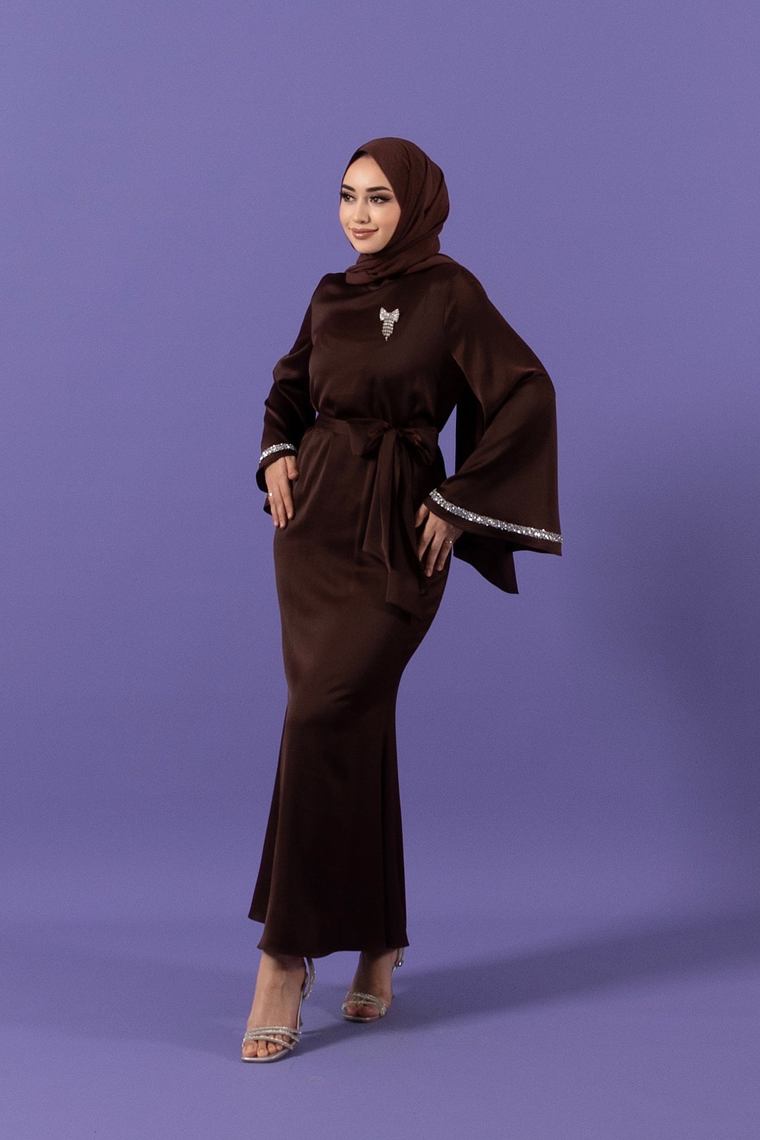 Kolları Taş Detay Saten Abiye Kahverengi 3011-KAHVERENGI