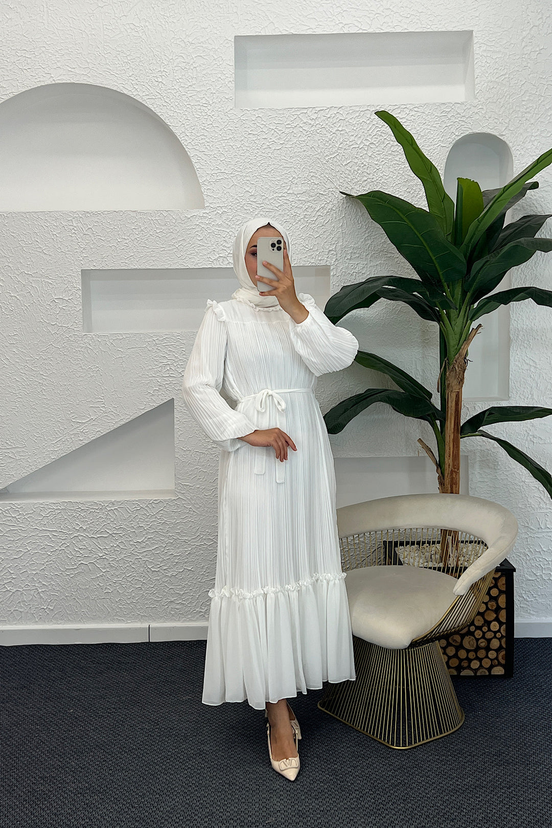 Bella Piliseli Şifon Elbise Beyaz 04670-BEYAZ