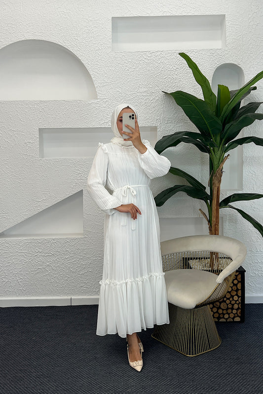 Bella Piliseli Şifon Elbise Beyaz 04670-BEYAZ
