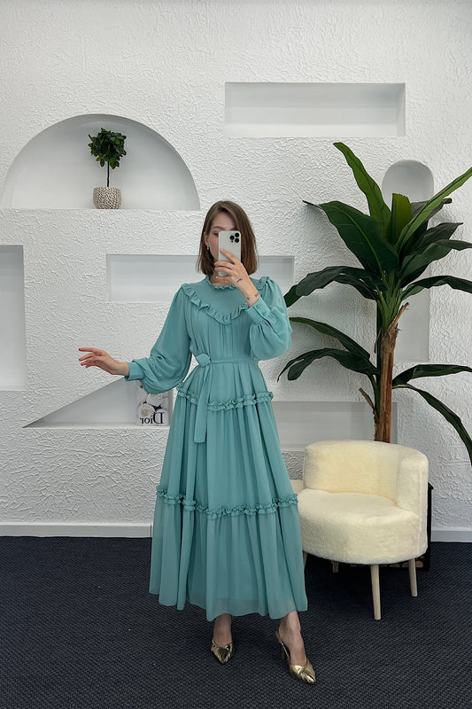 Lowel Fırfır Detay Elbise Mint Mavisi 3058-MINTMAVISI