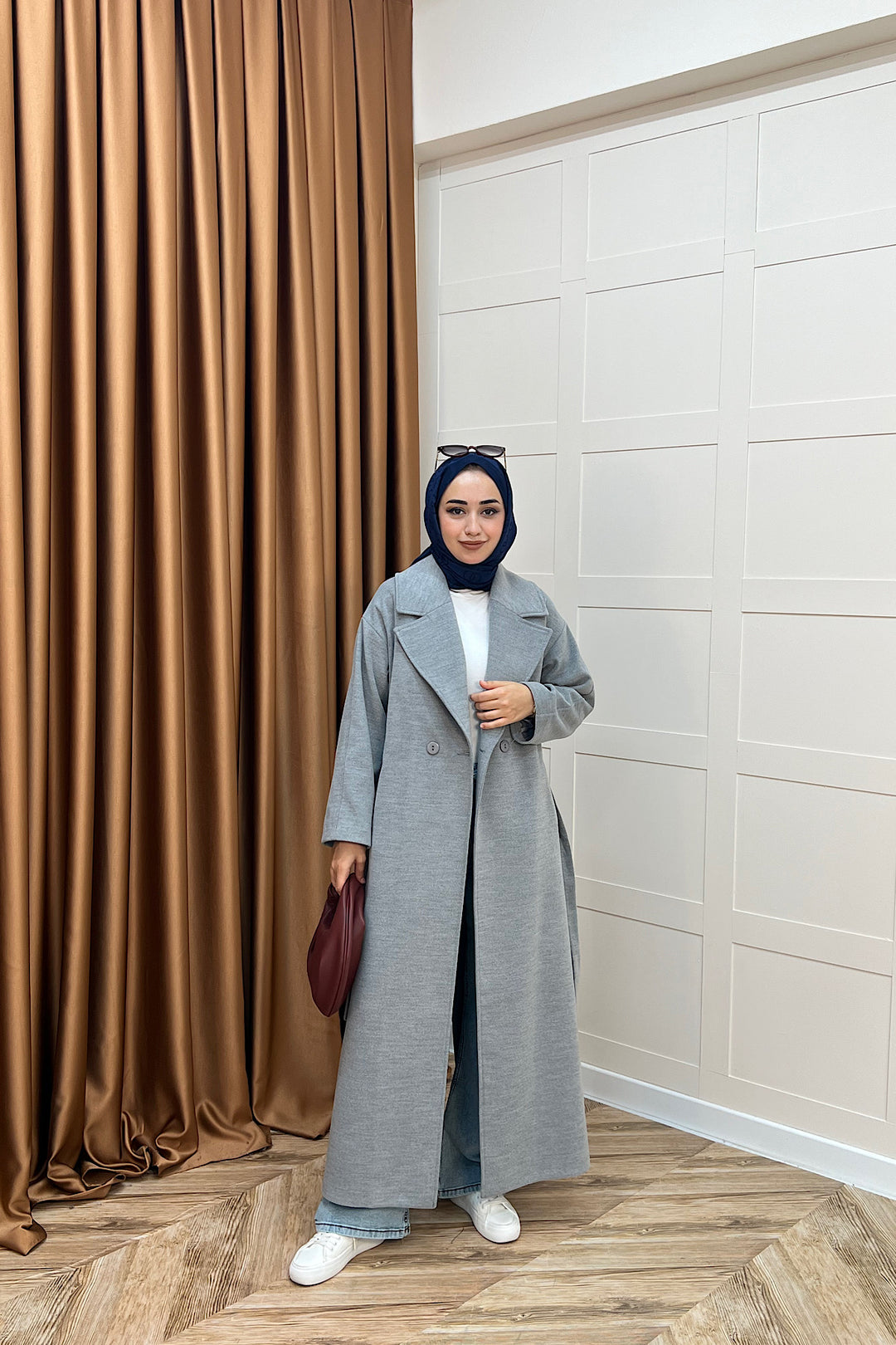 Retro Premium Kumaş Uzun Kaşe Kaban Gri 5509-GRI