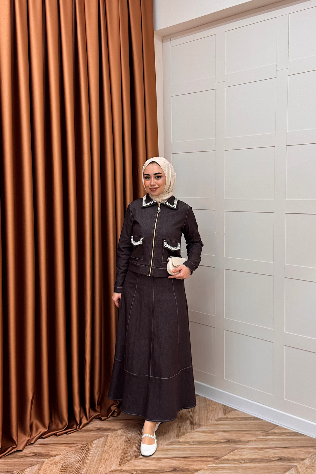 Klara İnci Detay Kot Takım Kahverengi 3095-KAHVERENGI