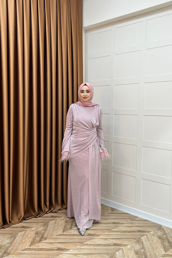 Rosalin Tüy Detay Abiye Pudra 3088-PUDRA