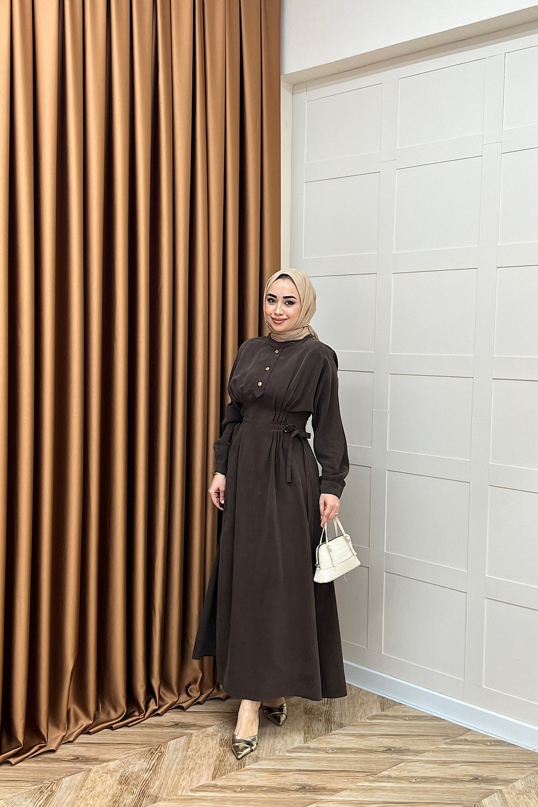 Maya Bel Detay Elbise Kahverengi 3034-KAHVERENGI