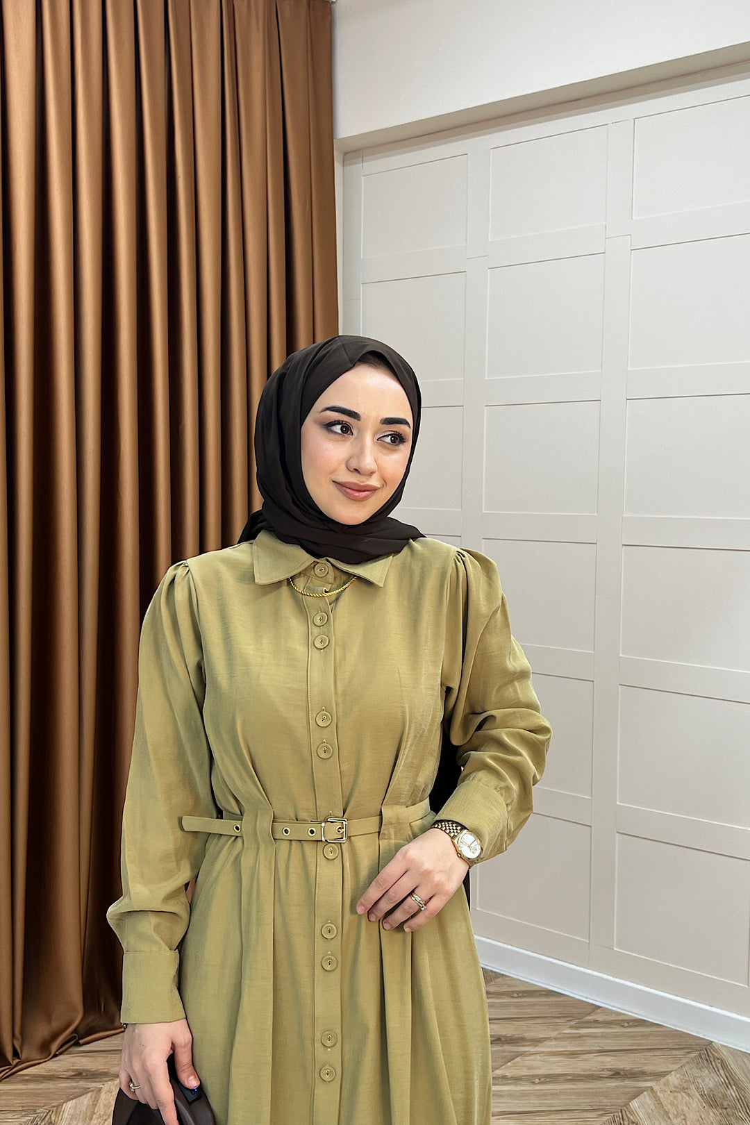 Nisa Boydan Düğmeli Elbise Yağ Yeşili 3000-YAGYESILI