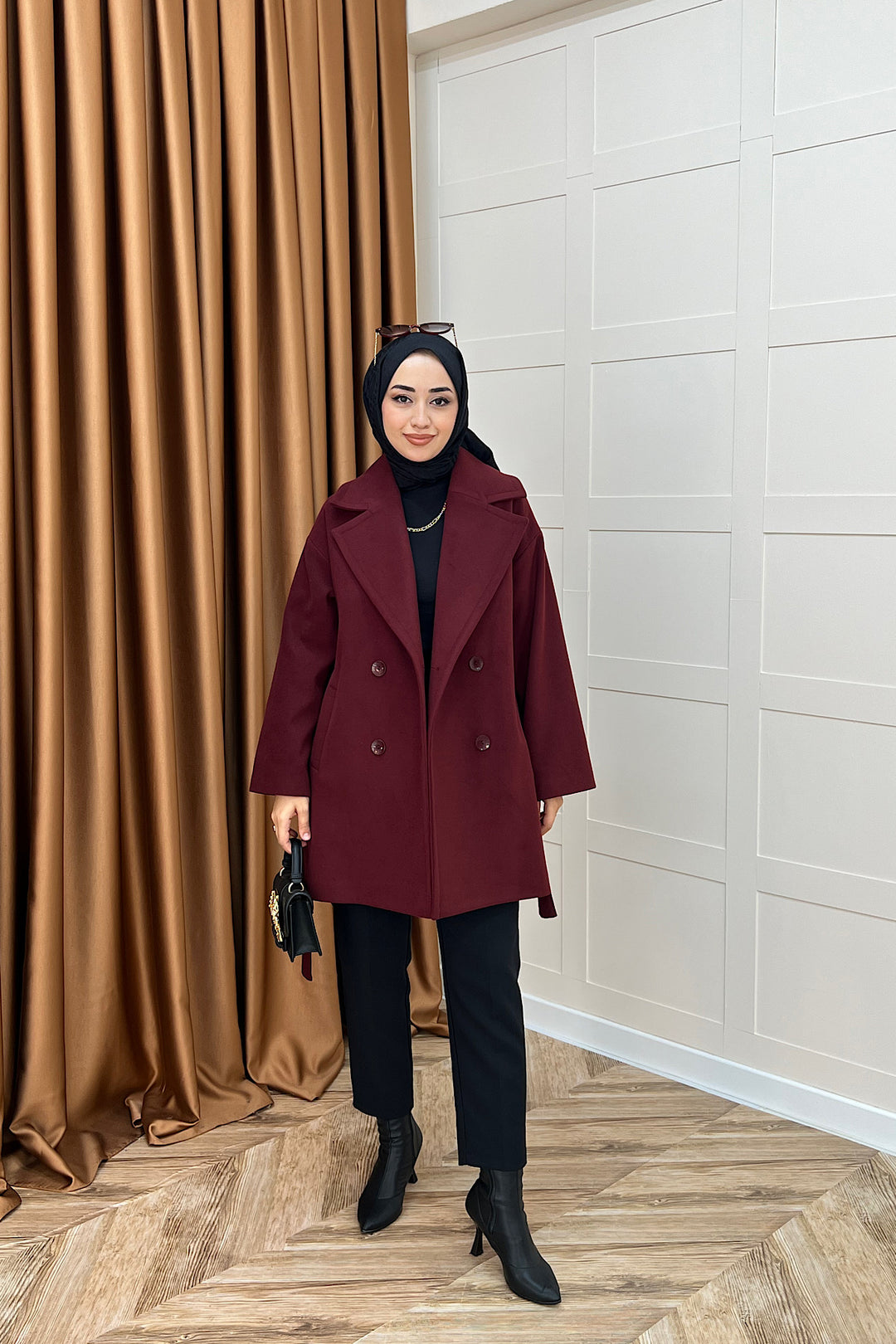 Nuve Premium Kuşaklı Kaban Bordo 5514-BORDO