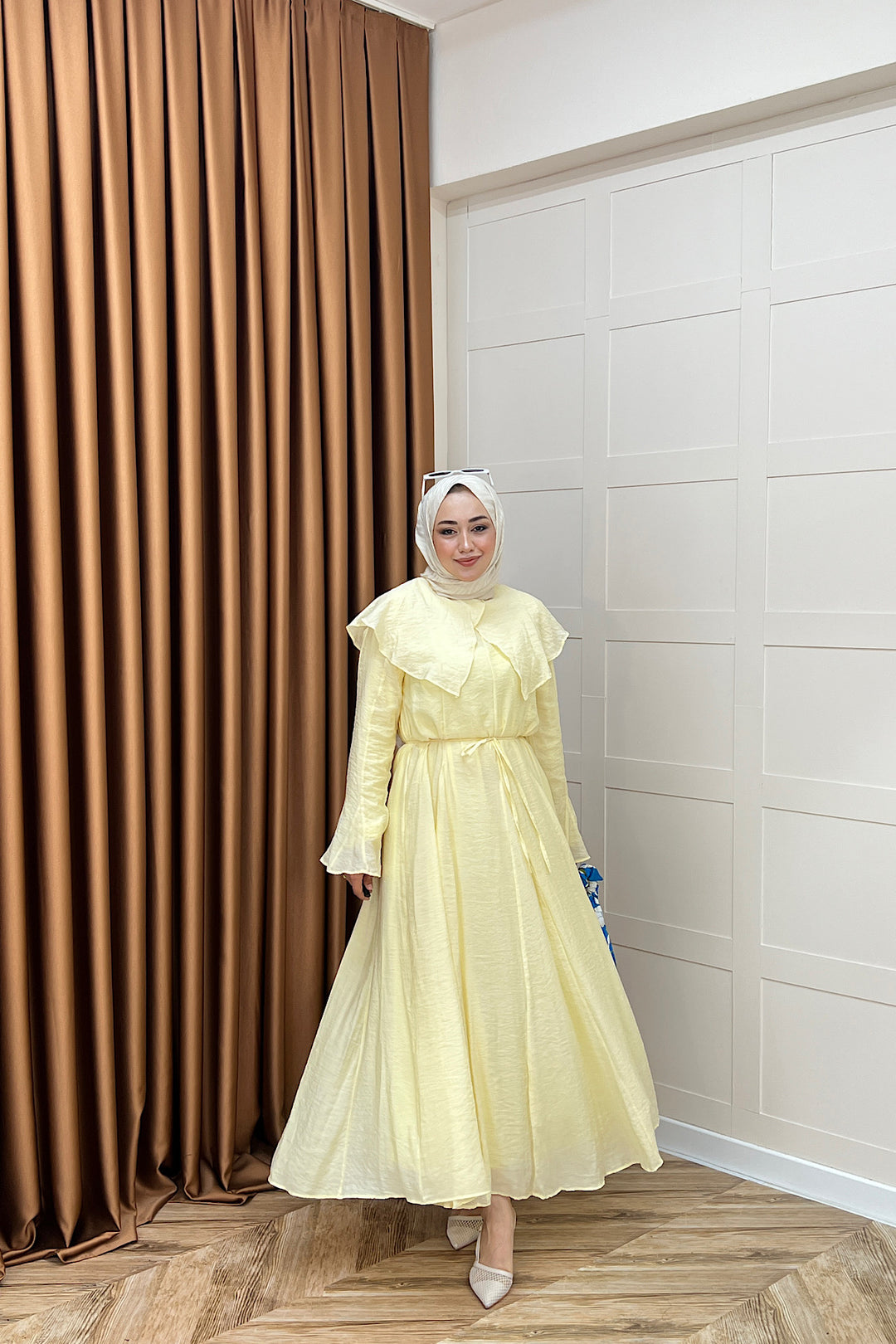 Zeny Yaka Detay Elbise Sarı 4459-SARI
