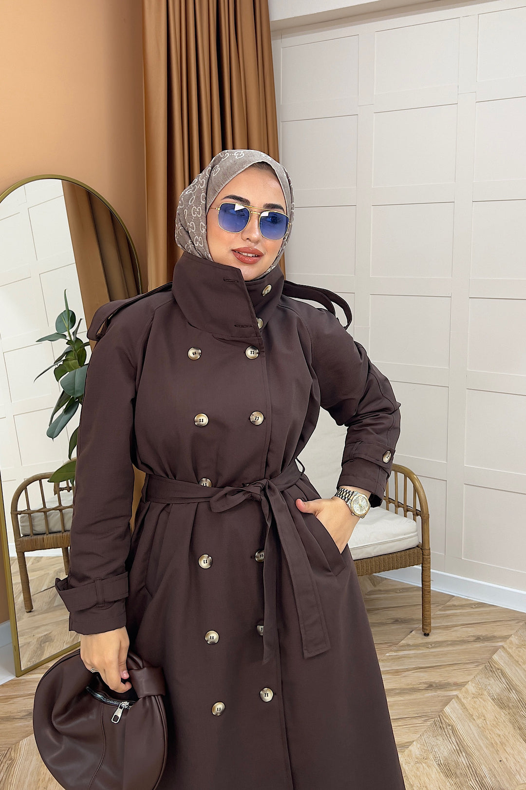 Elora Kuşaklı Uzun Trençkot Kahverengi 5535-KAHVERENGI