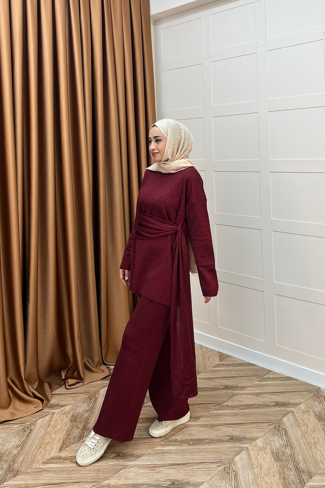 Yakamoz  Şal Detay Simli Triko Takım Bordo 25280-BORDO