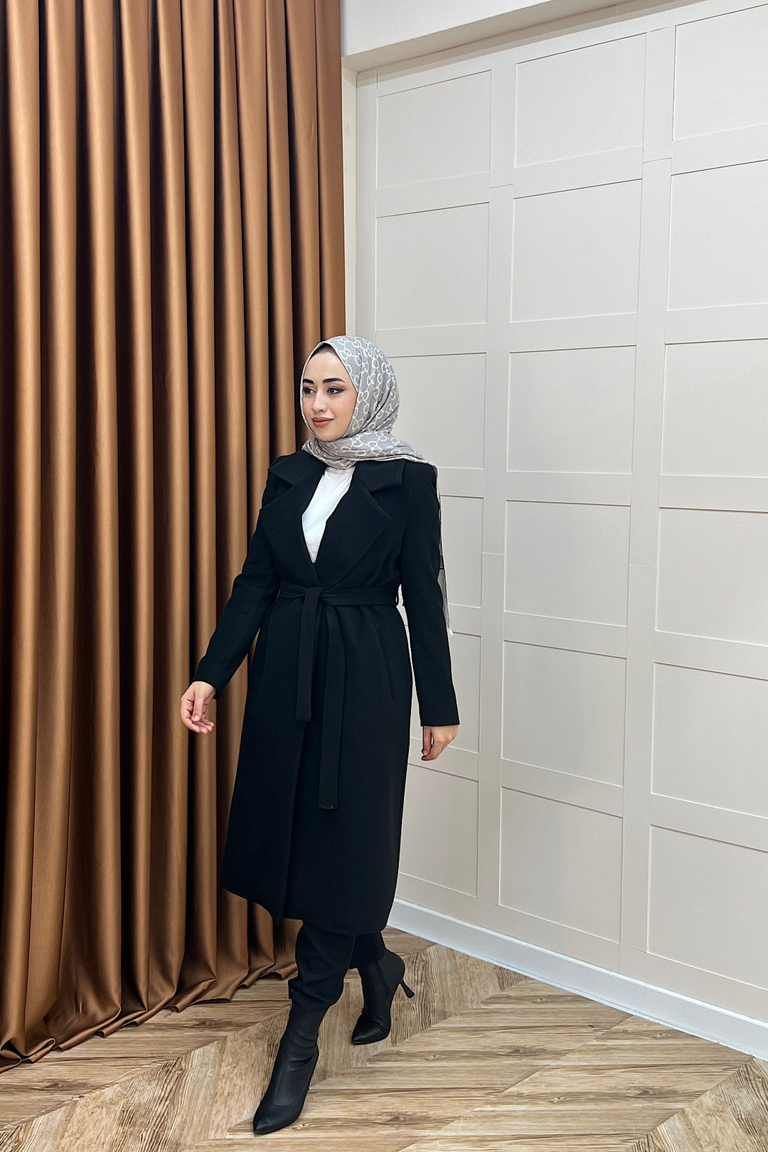 Premium Kuşaklı Kaşe Kaban Siyah 5510-SIYAH