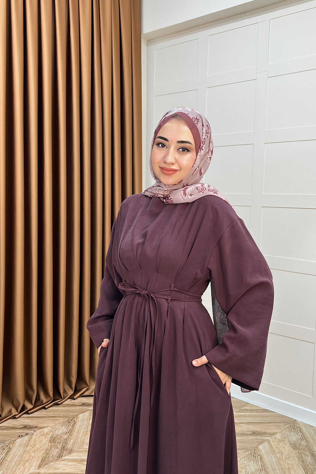 Belden Bağlamalı Cupra Elbise Mürdüm 5013-MURDUM