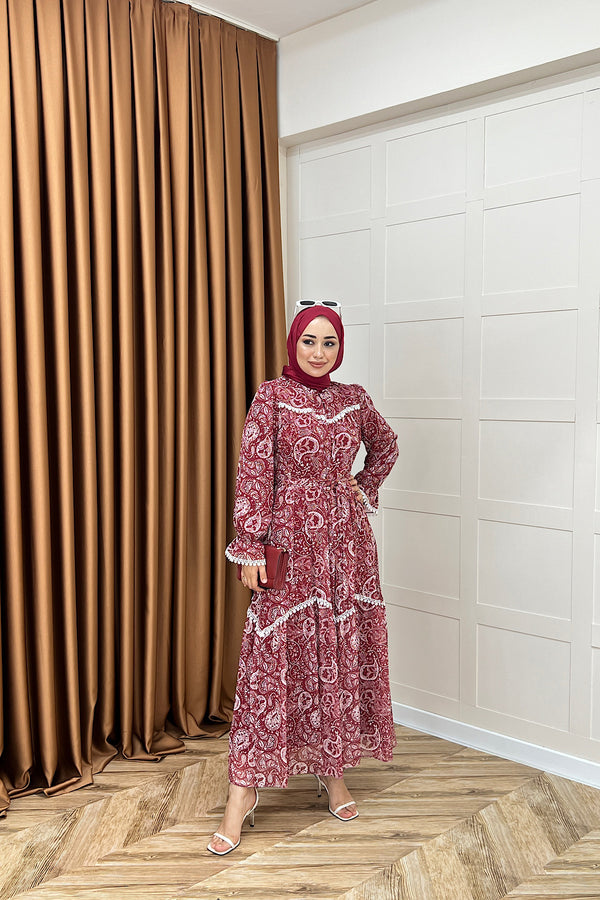 Lisa Dantel Detay Elbise Bordo 3051-BORDO