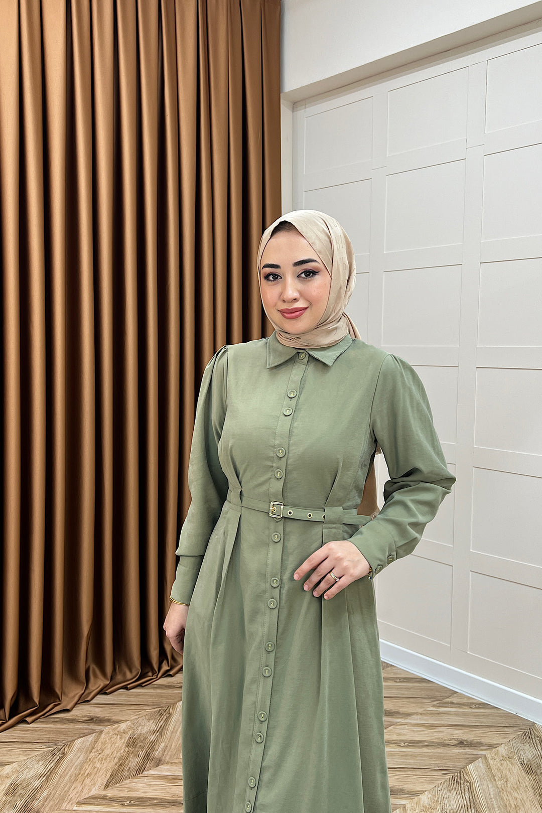Nisa Boydan Düğmeli Elbise Yeşil 3000-YESIL