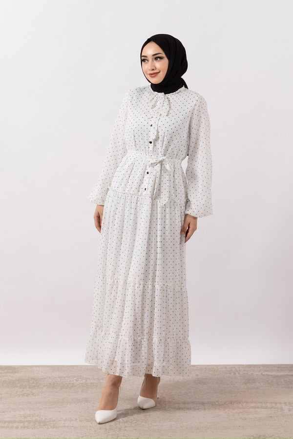 Lena Puantiyeli Şifon Elbise Beyaz 3036-BEYAZ