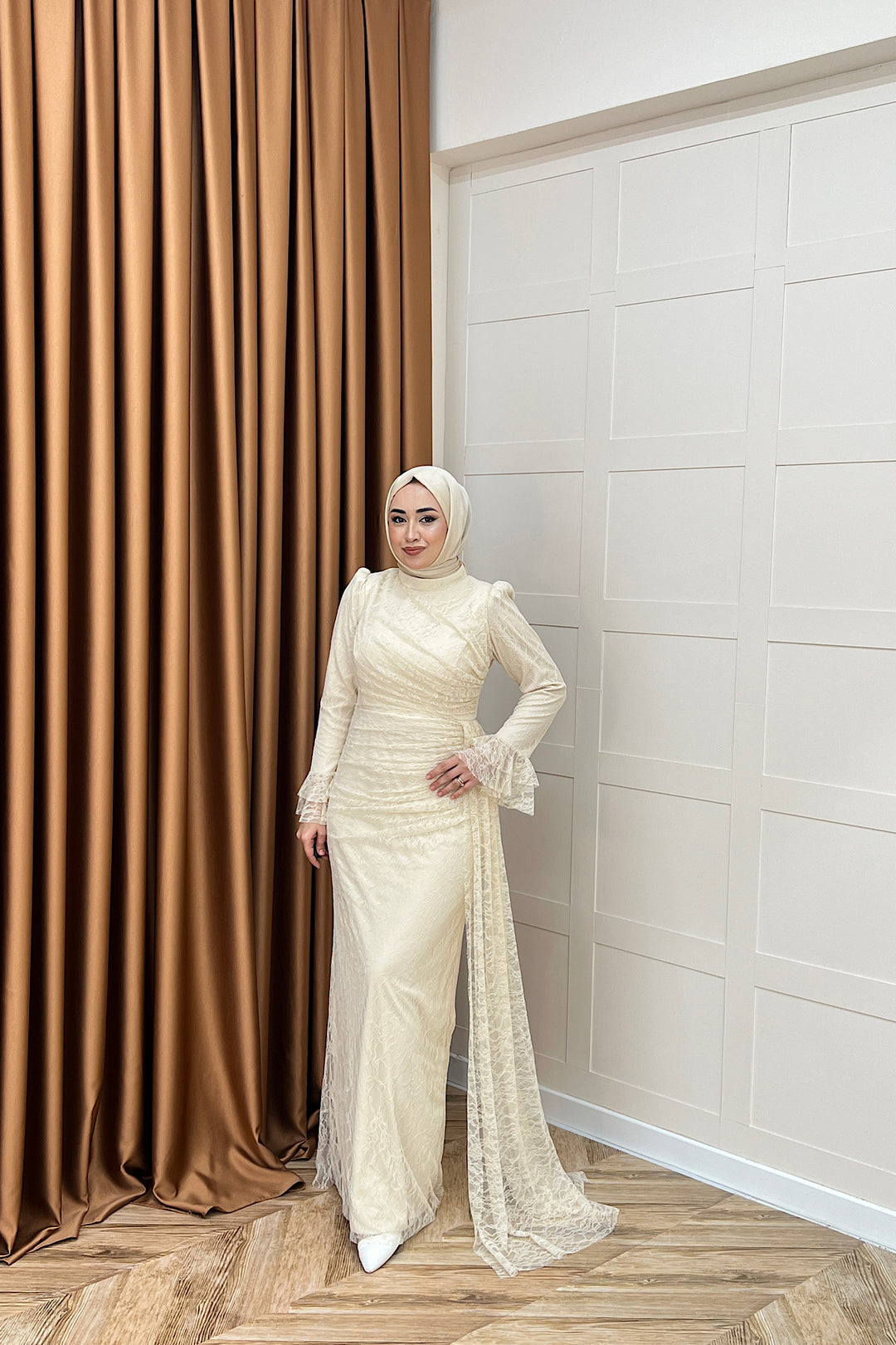 Serena Dantel Balık Abiye Krem 3082-KREM