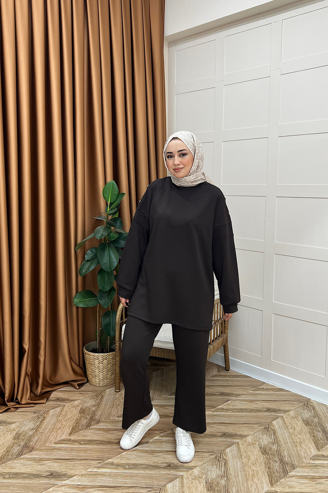 Luna Omuz Düğme Detay İkili Takım Kahverengi 3139-KAHVERENGI