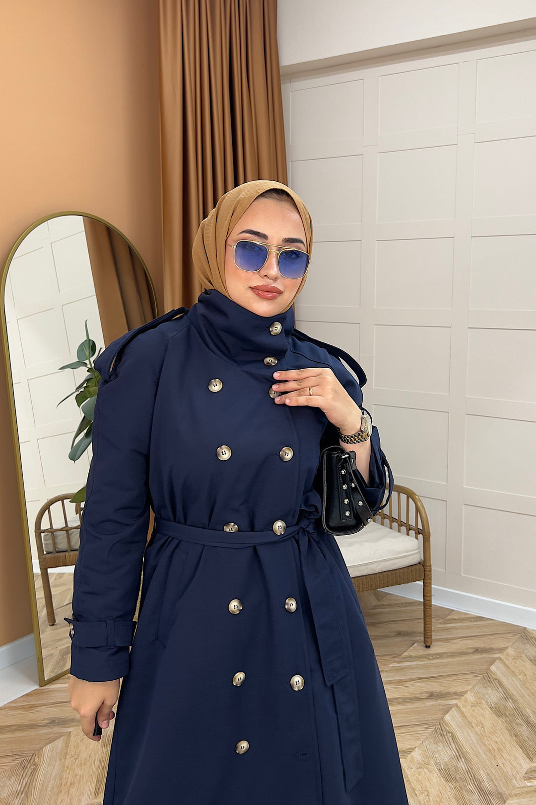 Elora Kuşaklı Uzun Trençkot Lacivert 5535-LACIVERT