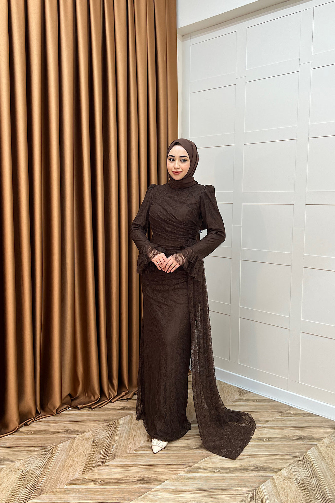 Serena Dantel Balık Abiye Kahverengi 3082-KAHVERENGI