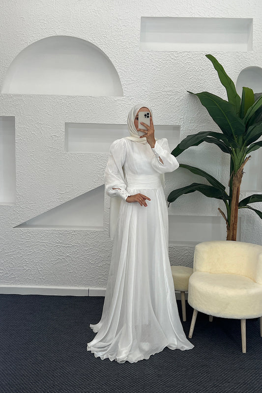 Marly Beli Piliseli Abiye Beyaz 3066-BEYAZ