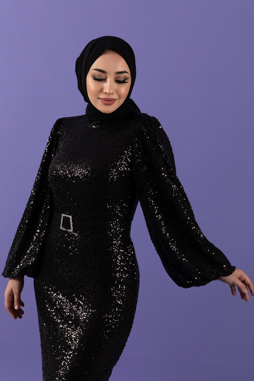 Kristal Payetli Balon Kol Abiye Siyah 3016-SIYAH