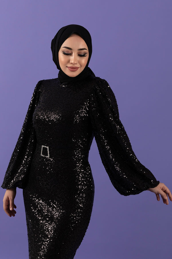 Kristal Payetli Balon Kol Abiye Siyah 3016-SIYAH
