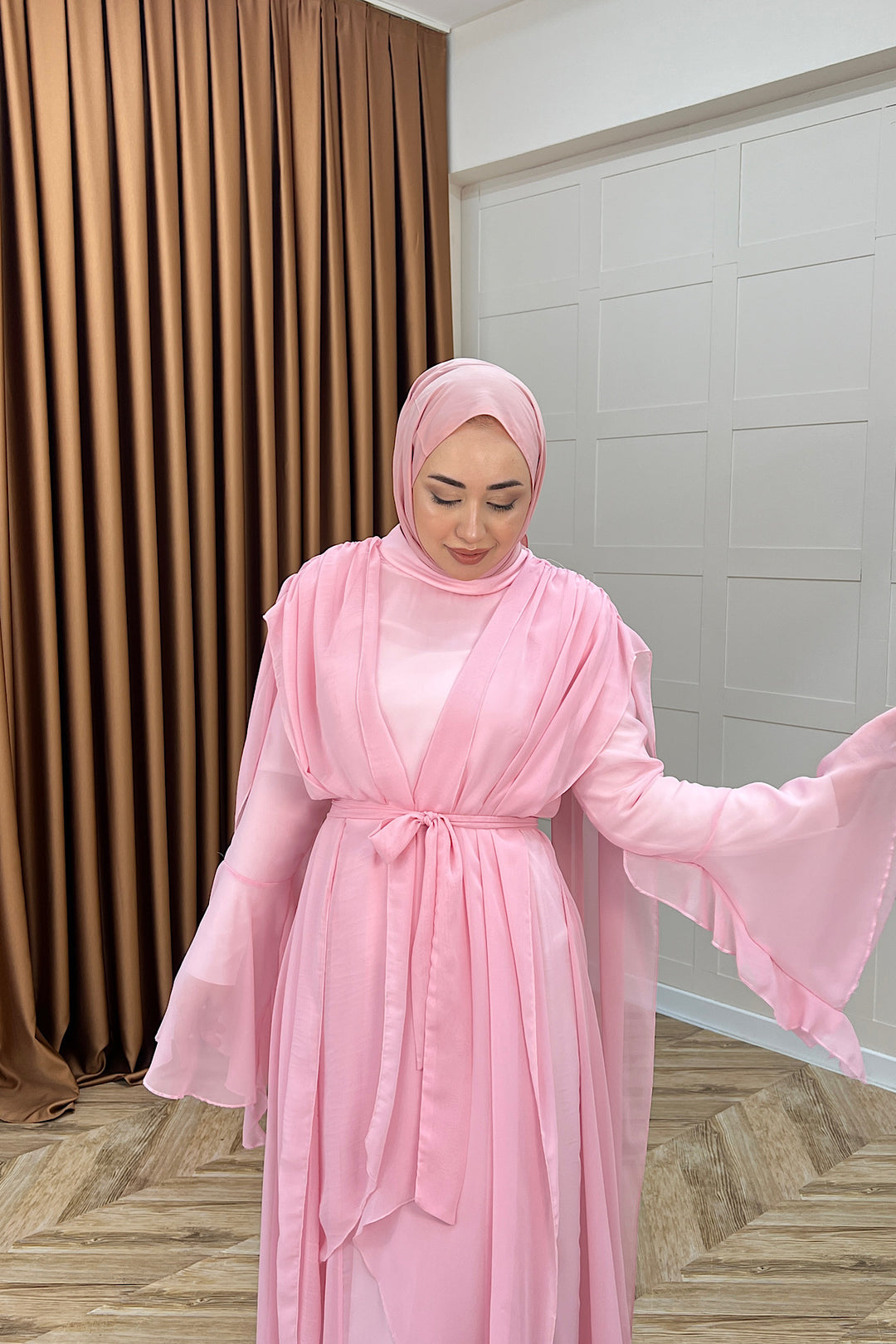 Aliza Büzgülü Şifon Elbise Pembe 2002-PEMBE