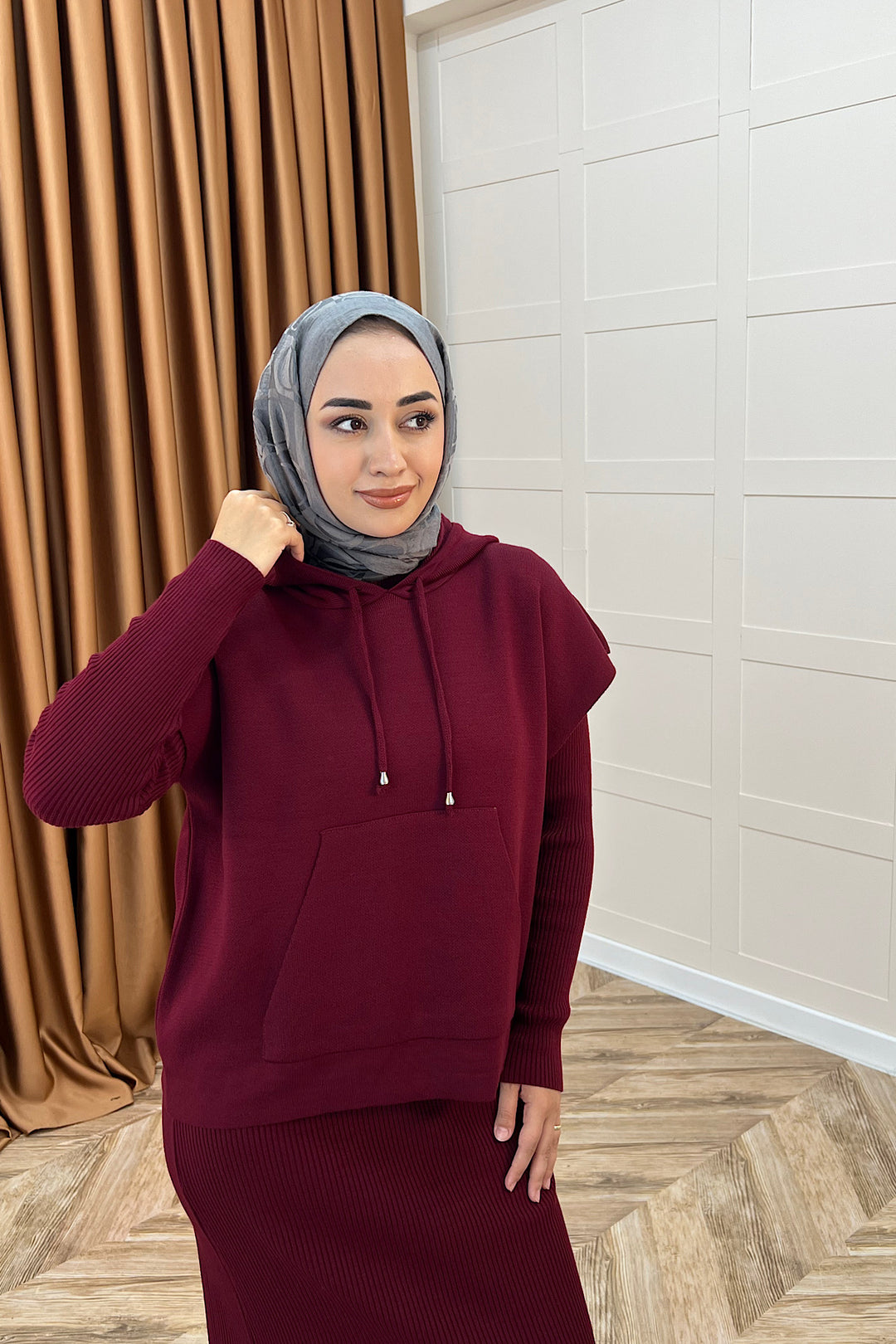 Üst Kapüşonlu İkili Triko Elbise Bordo 25290-BORDO