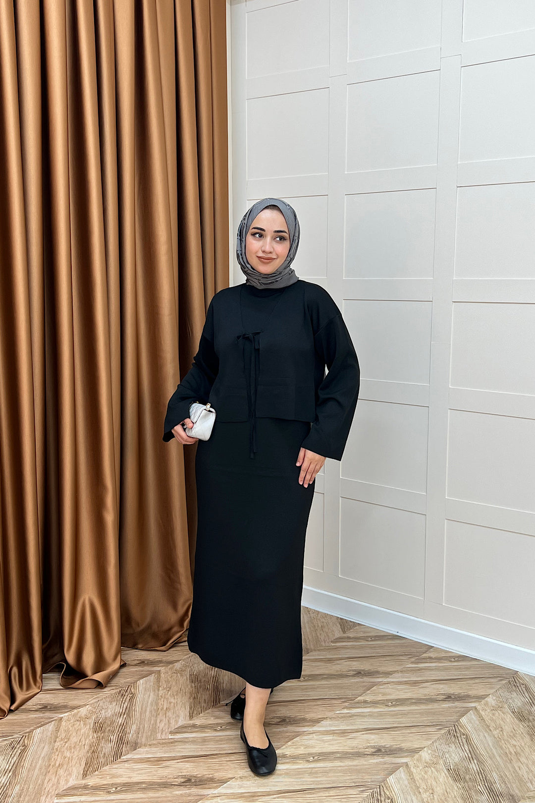 Ester Croplu İkili Triko Elbise Siyah 25160-SIYAH