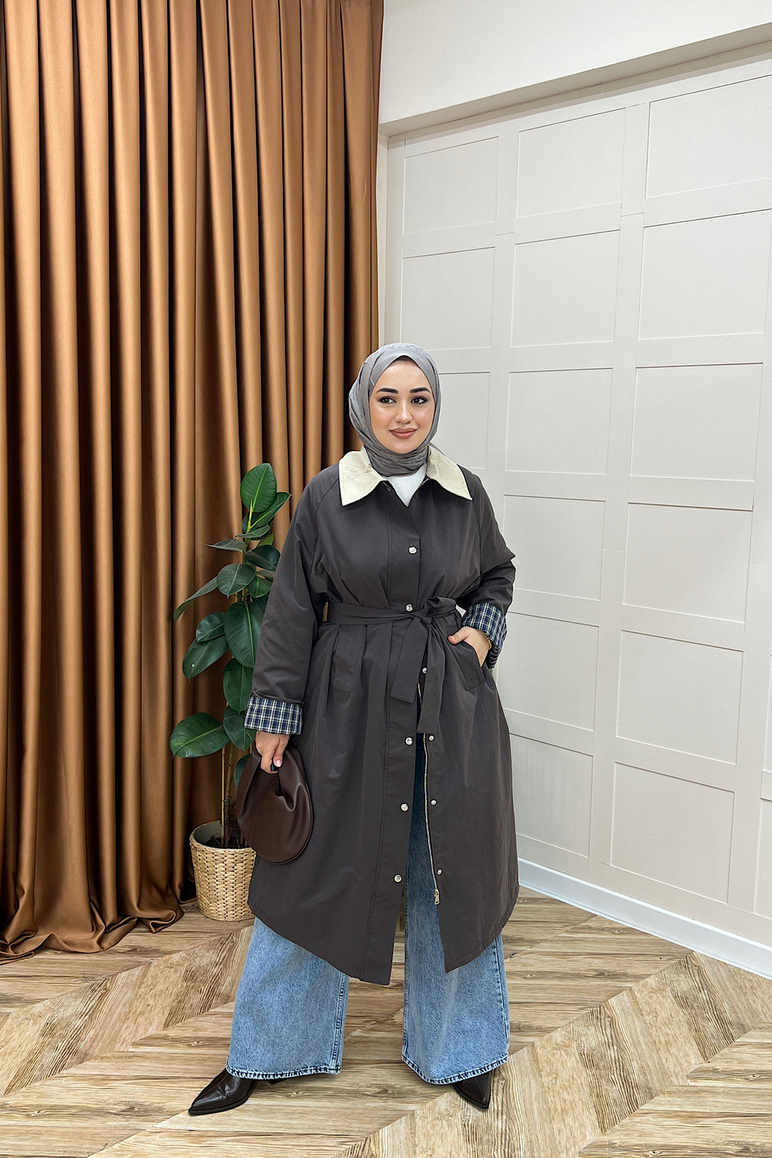 Dora Kuşaklı Uzun Trençkot Kahverengi 62613-KAHVERENGI
