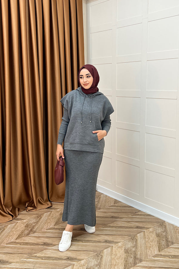 Üst Kapüşonlu İkili Triko Elbise Gri 25290-GRI