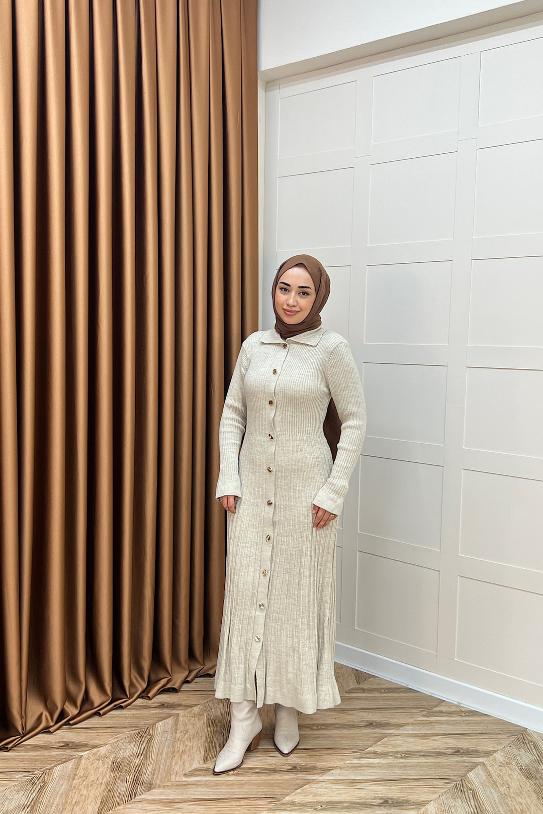 Endam Düğmeli Triko Elbise Taş 10201-TAS