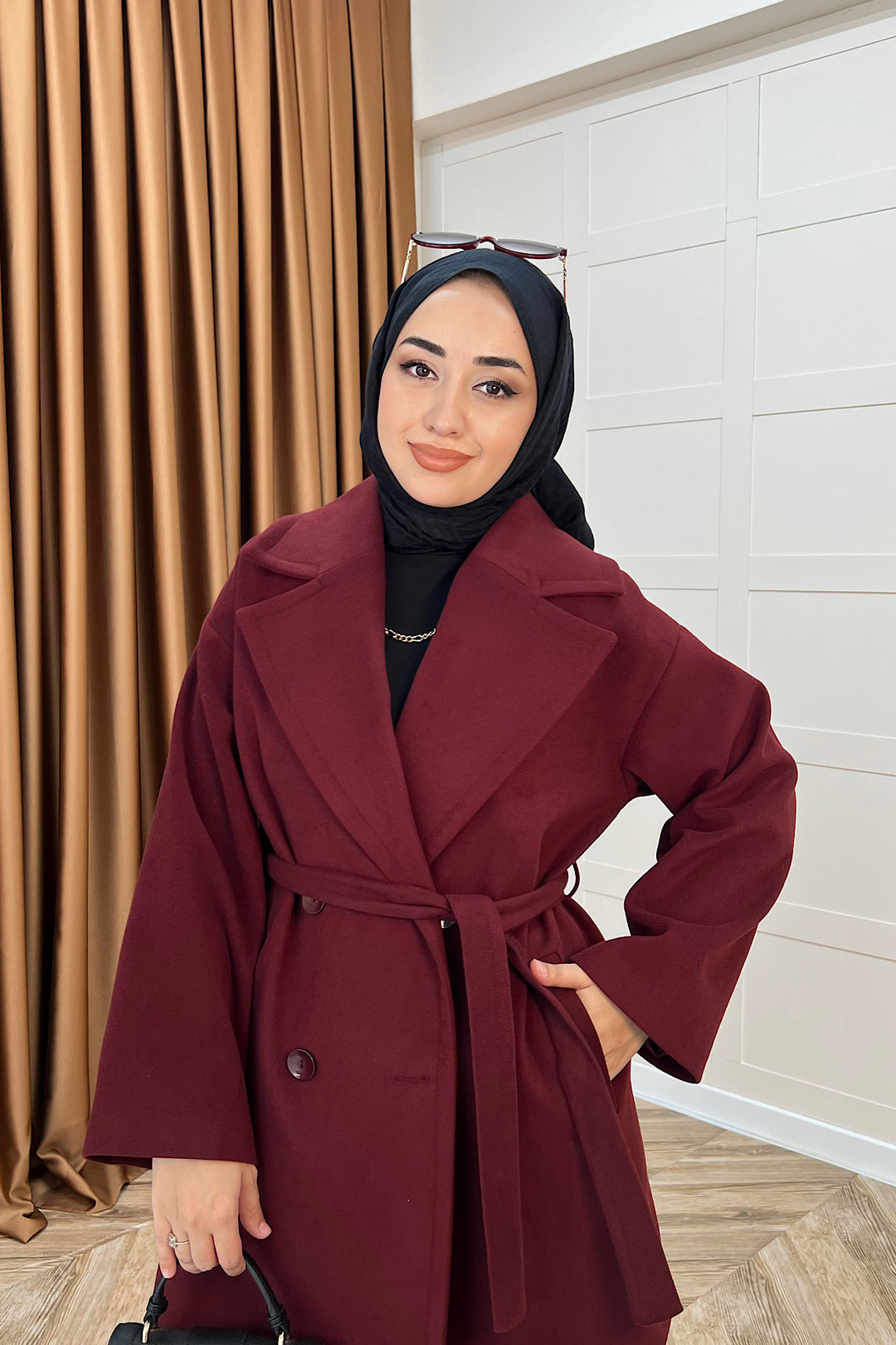 Nuve Premium Kuşaklı Kaban Bordo 5514-BORDO
