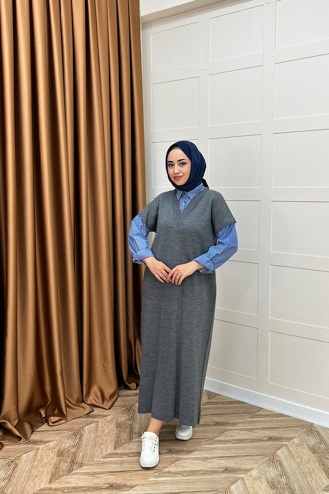 Samira Gömlek Detaylı Triko Elbise Gri 241110-GRI