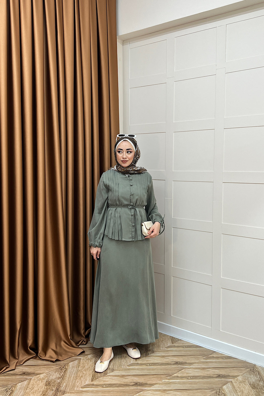 Arya Pileli Etek Takım Yeşil 2654-YESIL